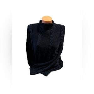 Vintage Suzelle Women's Silk Wool Blend Mock Neck Cable Knit Black Sweater Large